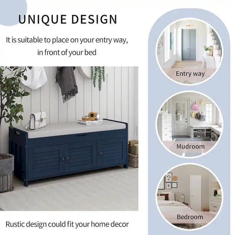 Wooden Storage Bench with Cushion 2 Cabinet Doors and Hidden Compartment