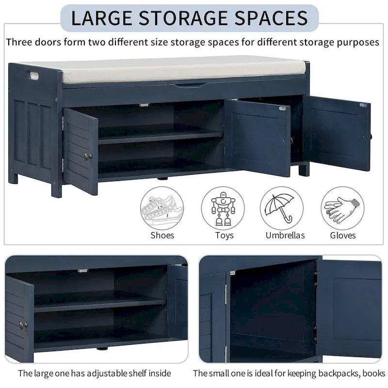 Wooden Storage Bench with Cushion 2 Cabinet Doors and Hidden Compartment