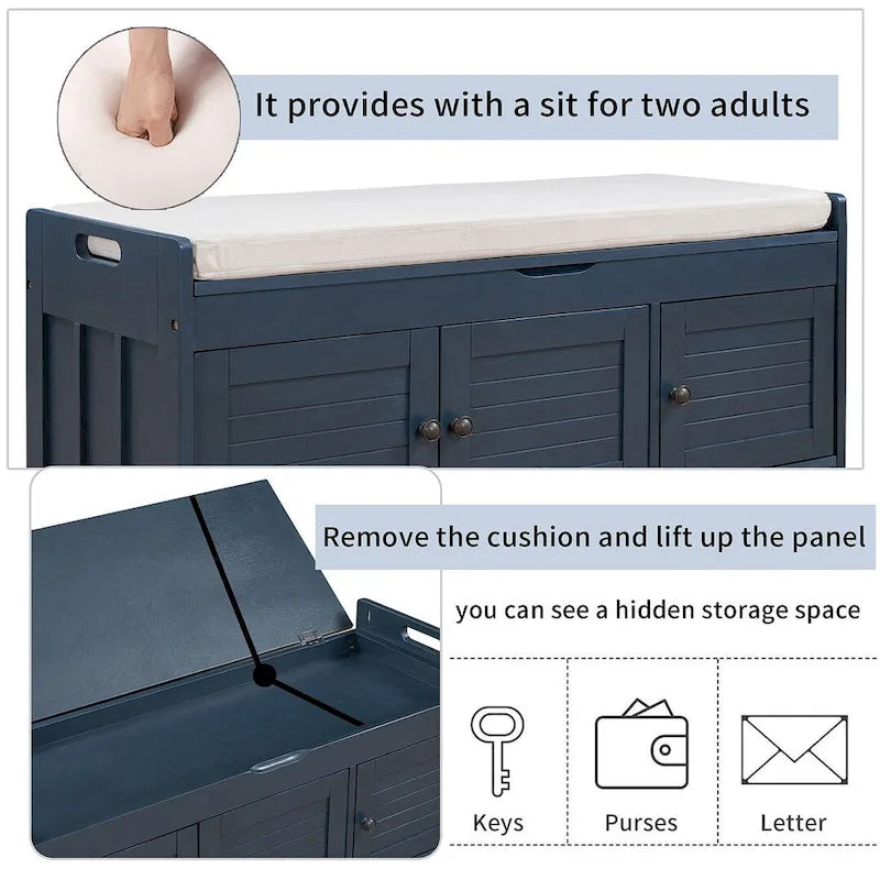 Wooden Storage Bench with Cushion 2 Cabinet Doors and Hidden Compartment