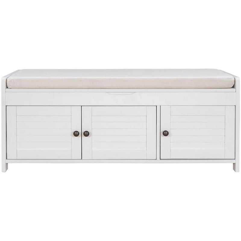 Wooden Storage Bench with Cushion 2 Cabinet Doors and Hidden Compartment