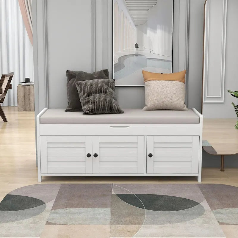 Wooden Storage Bench with Cushion 2 Cabinet Doors and Hidden Compartment