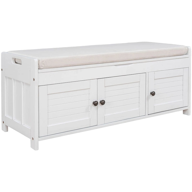Wooden Storage Bench with Cushion 2 Cabinet Doors and Hidden Compartment