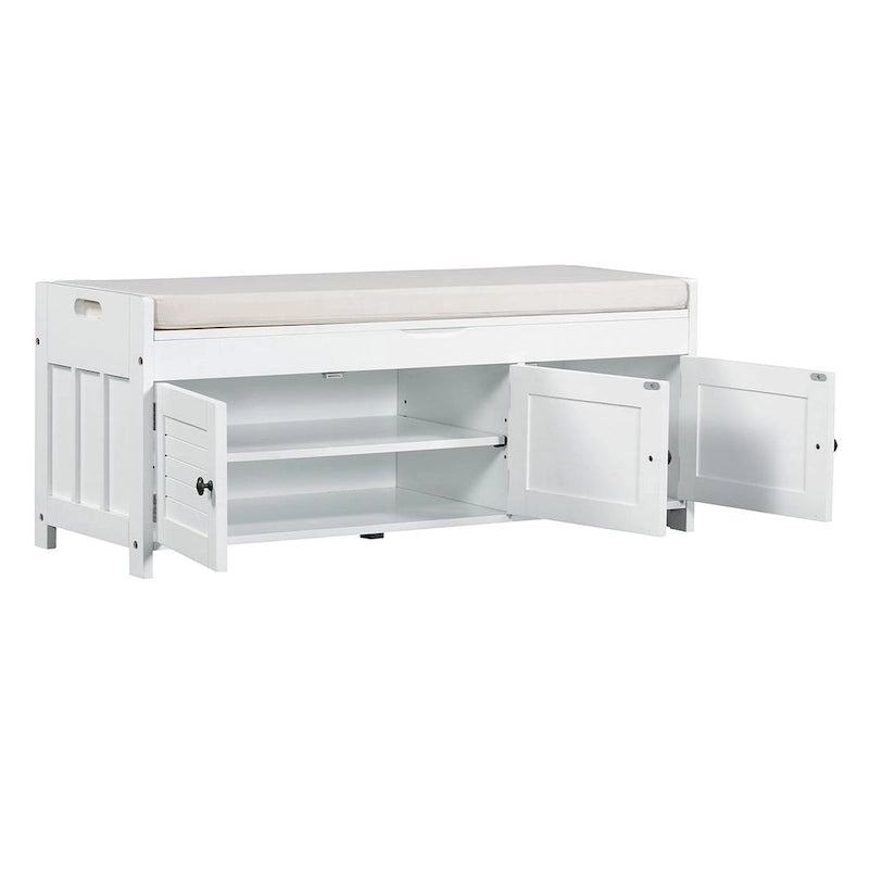 Wooden Storage Bench with Cushion 2 Cabinet Doors and Hidden Compartment