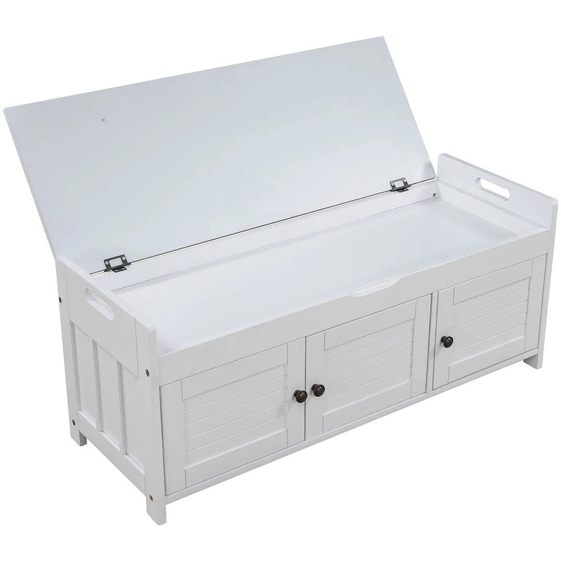 Wooden Storage Bench with Cushion 2 Cabinet Doors and Hidden Compartment