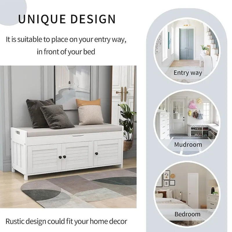 Wooden Storage Bench with Cushion 2 Cabinet Doors and Hidden Compartment
