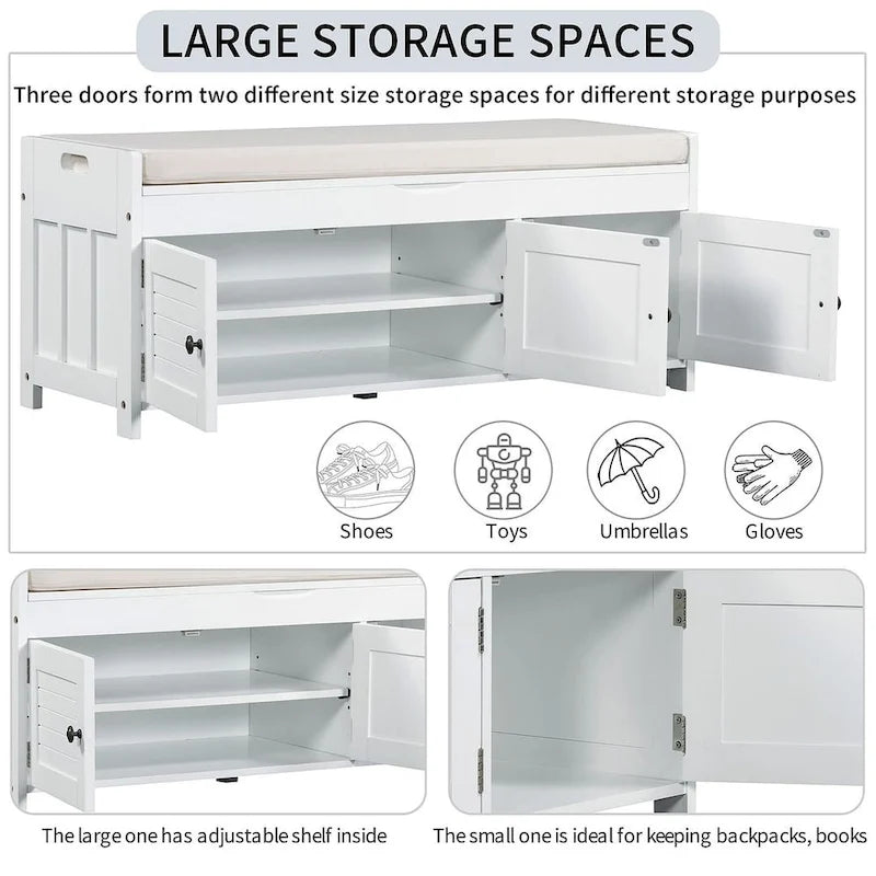 Wooden Storage Bench with Cushion 2 Cabinet Doors and Hidden Compartment