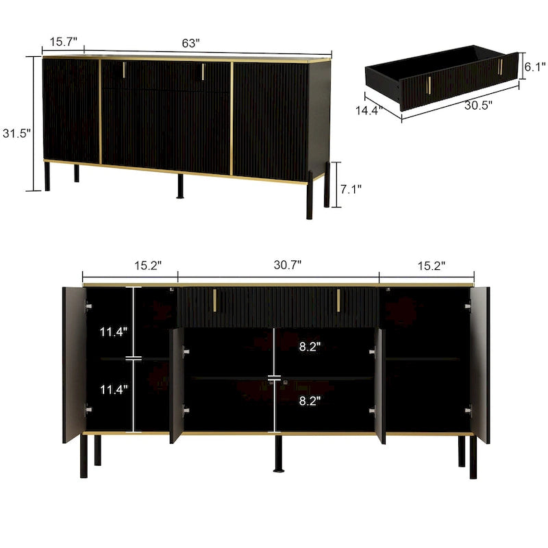 Modern Sideboard Kitchen Cabinet with 2 Drawers and 3 Closed Compartments
