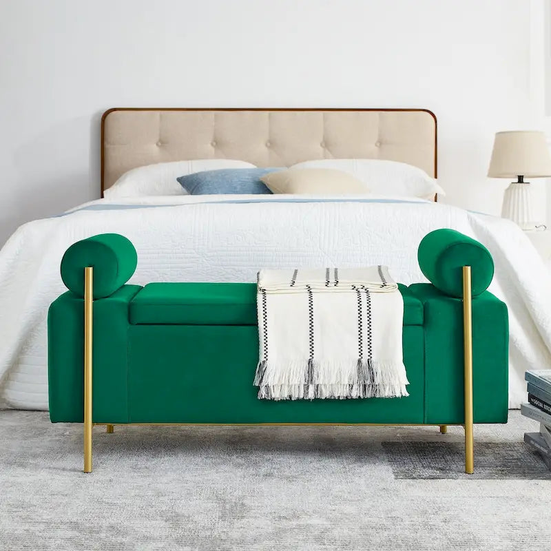 Upholstered Velvet Storage Bench with Gold Metal Legs and Storage Space