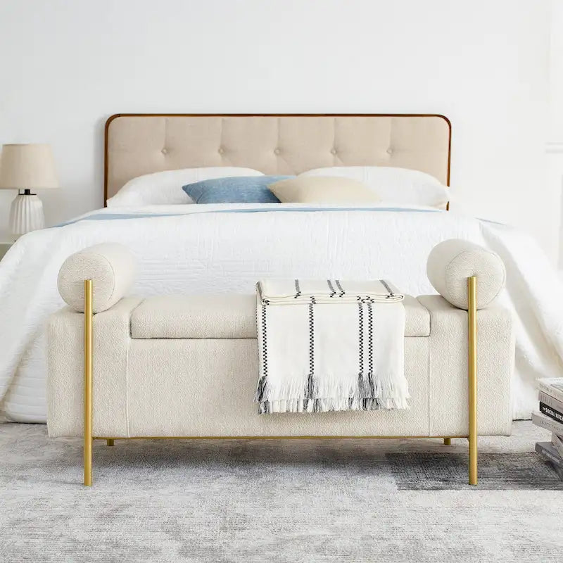 Upholstered Velvet Storage Bench with Gold Metal Legs and Storage Space