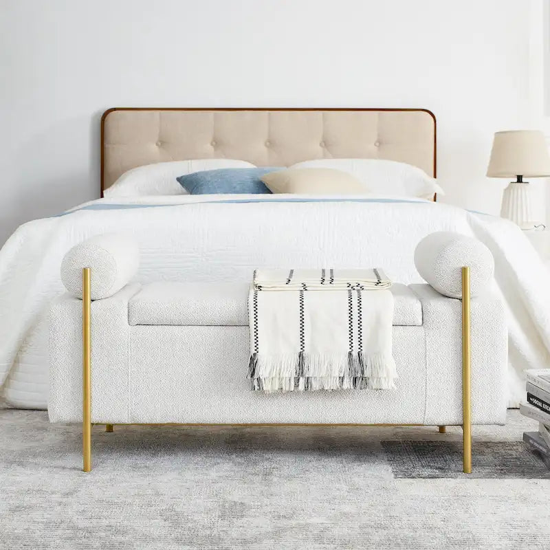 Upholstered Velvet Storage Bench with Gold Metal Legs and Storage Space