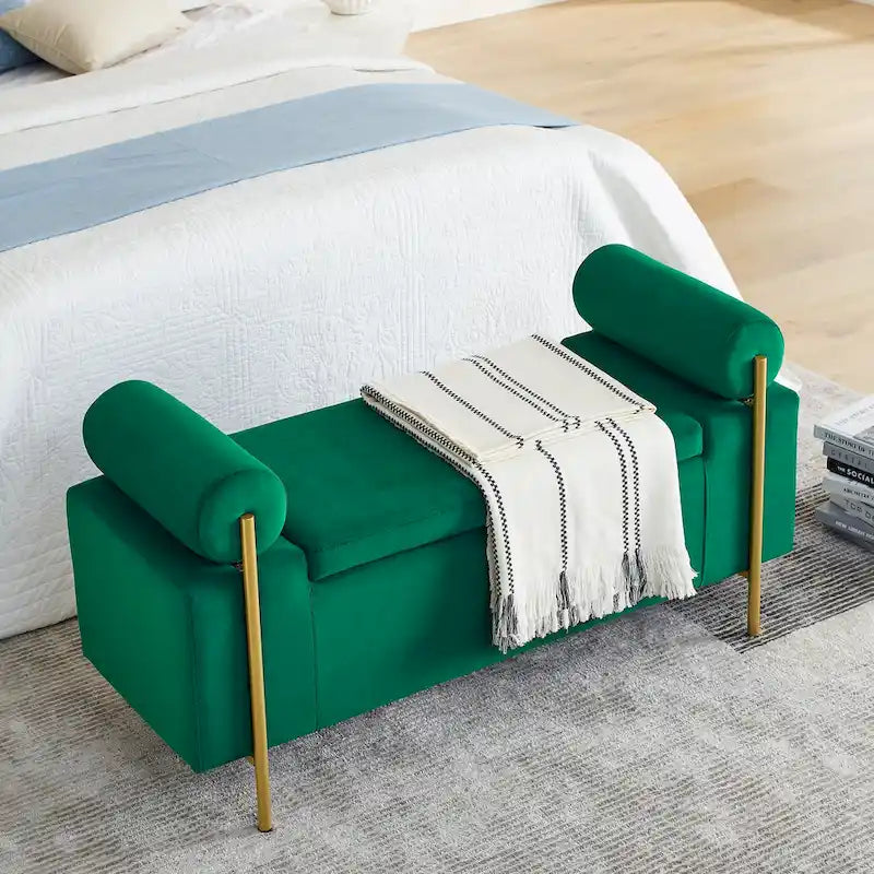 Upholstered Velvet Storage Bench with Gold Metal Legs and Storage Space