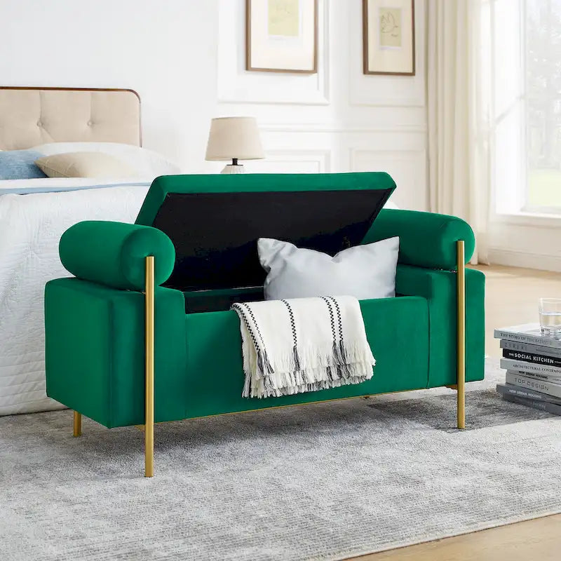 Upholstered Velvet Storage Bench with Gold Metal Legs and Storage Space