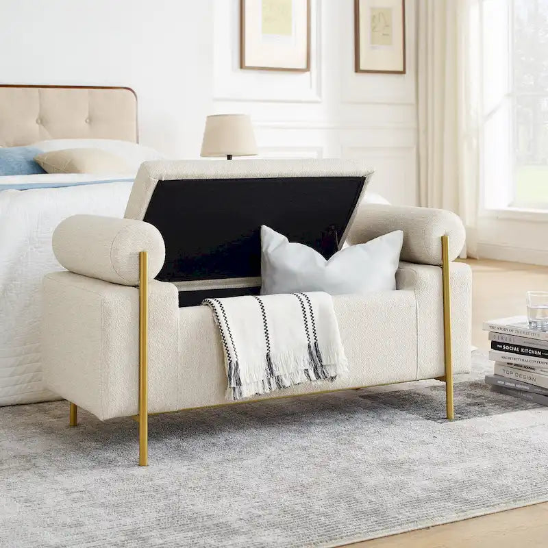 Upholstered Velvet Storage Bench with Gold Metal Legs and Storage Space
