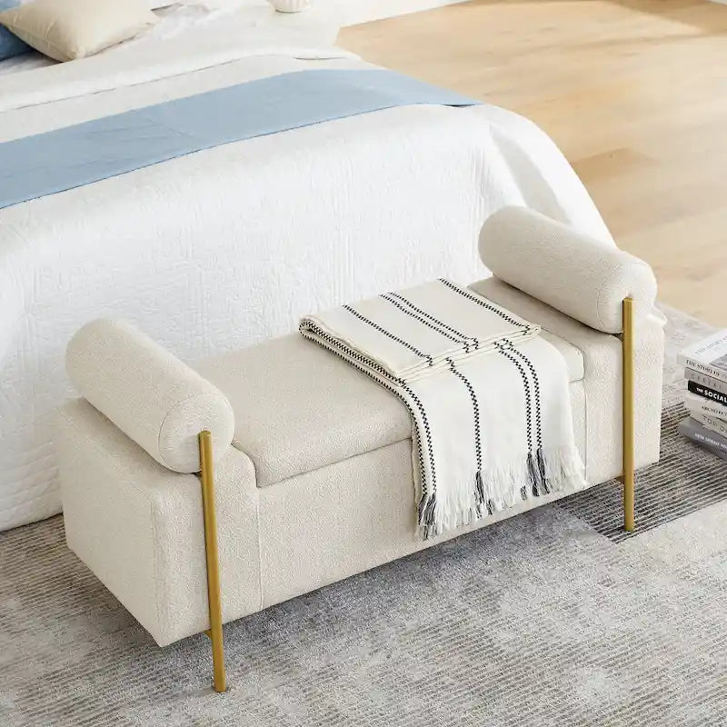 Upholstered Velvet Storage Bench with Gold Metal Legs and Storage Space