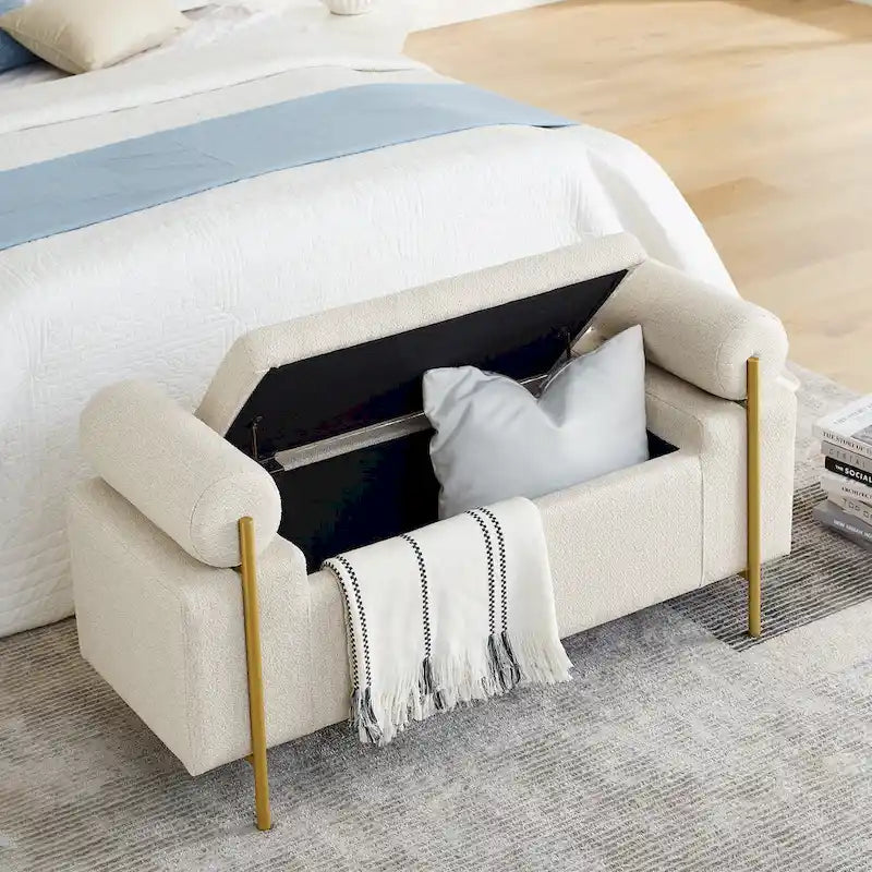 Upholstered Velvet Storage Bench with Gold Metal Legs and Storage Space