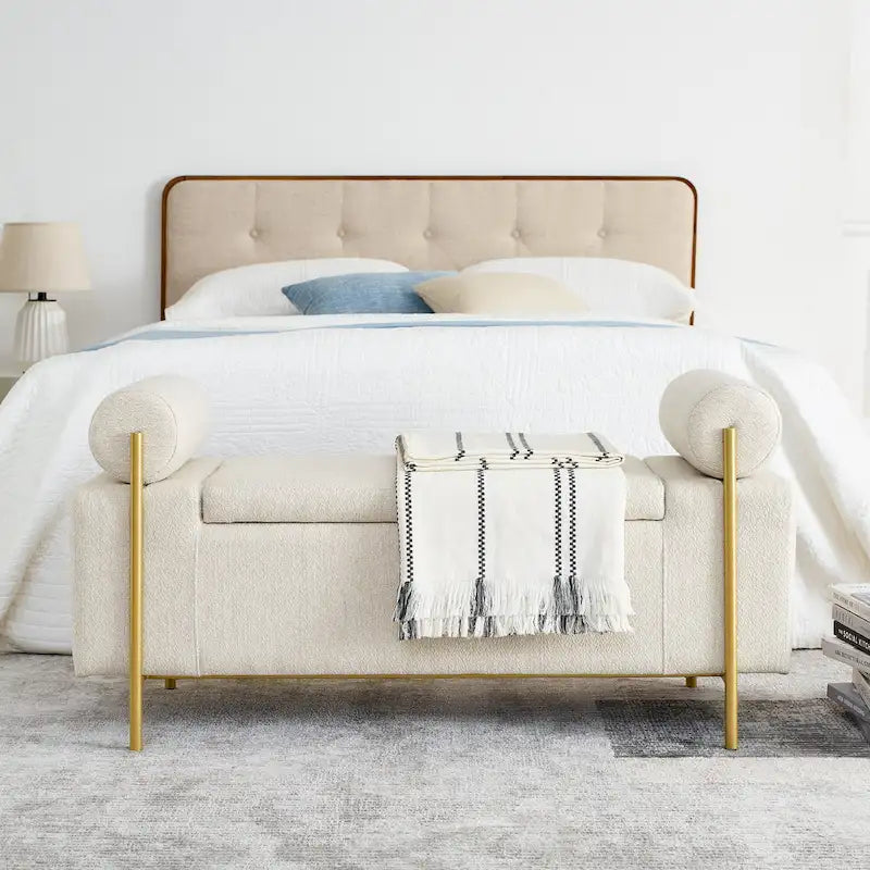 Upholstered Velvet Storage Bench with Gold Metal Legs and Storage Space