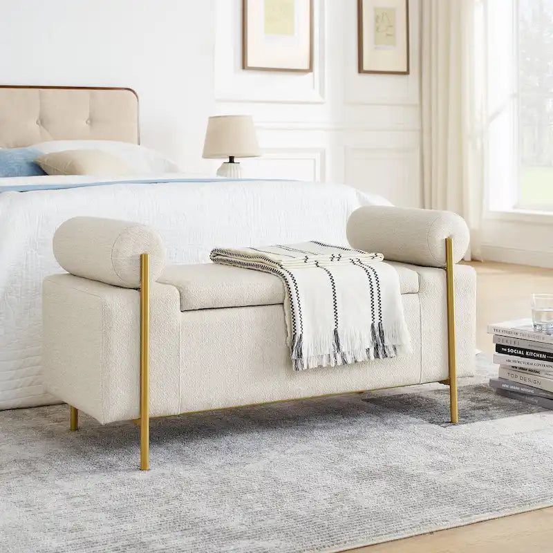 Upholstered Velvet Storage Bench with Gold Metal Legs and Storage Space