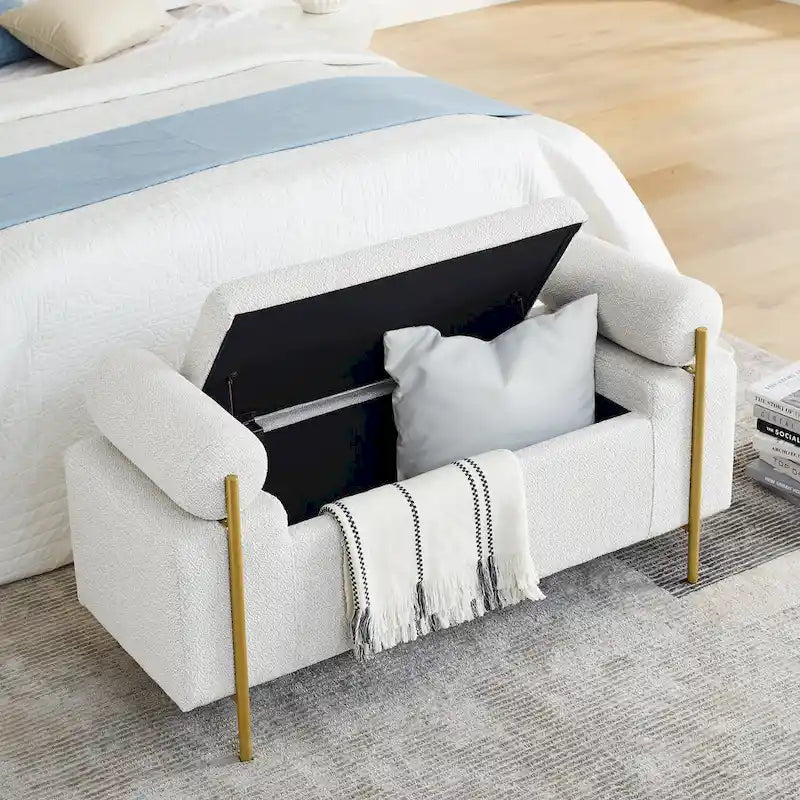 Upholstered Velvet Storage Bench with Gold Metal Legs and Storage Space