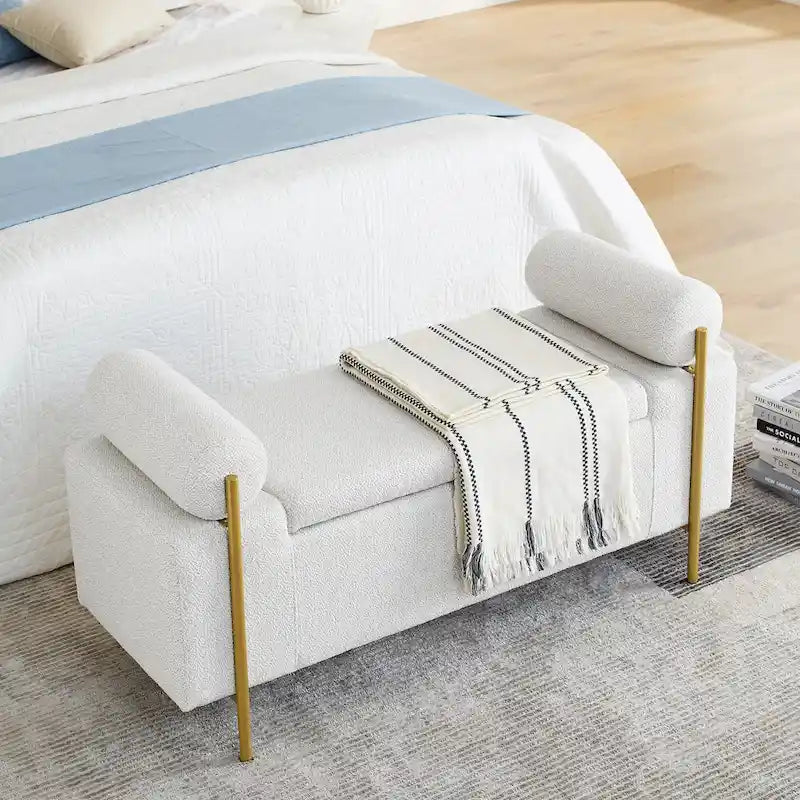 Upholstered Velvet Storage Bench with Gold Metal Legs and Storage Space