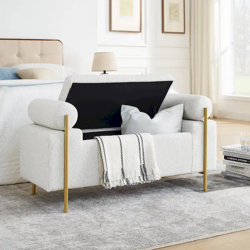 Upholstered Velvet Storage Bench with Gold Metal Legs and Storage Space