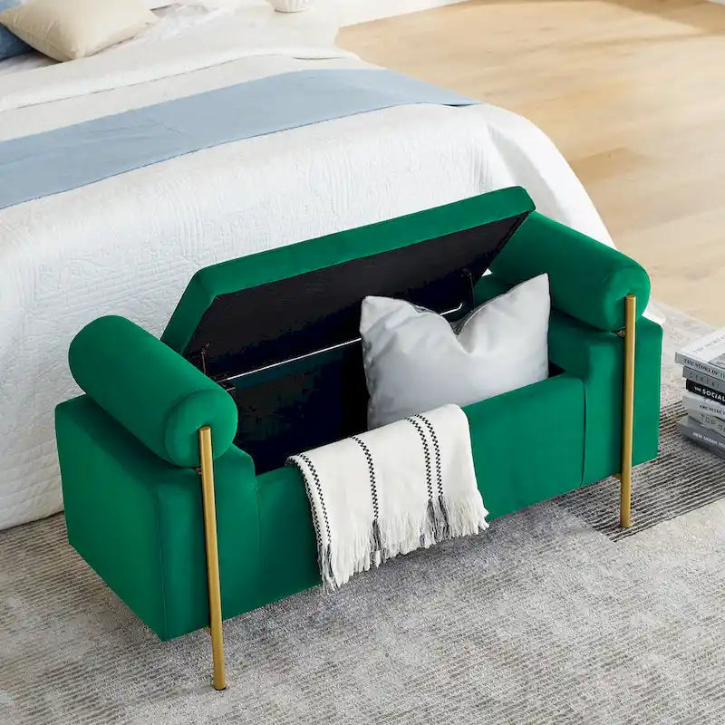 Upholstered Velvet Storage Bench with Gold Metal Legs and Storage Space