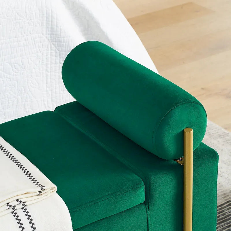 Upholstered Velvet Storage Bench with Gold Metal Legs and Storage Space