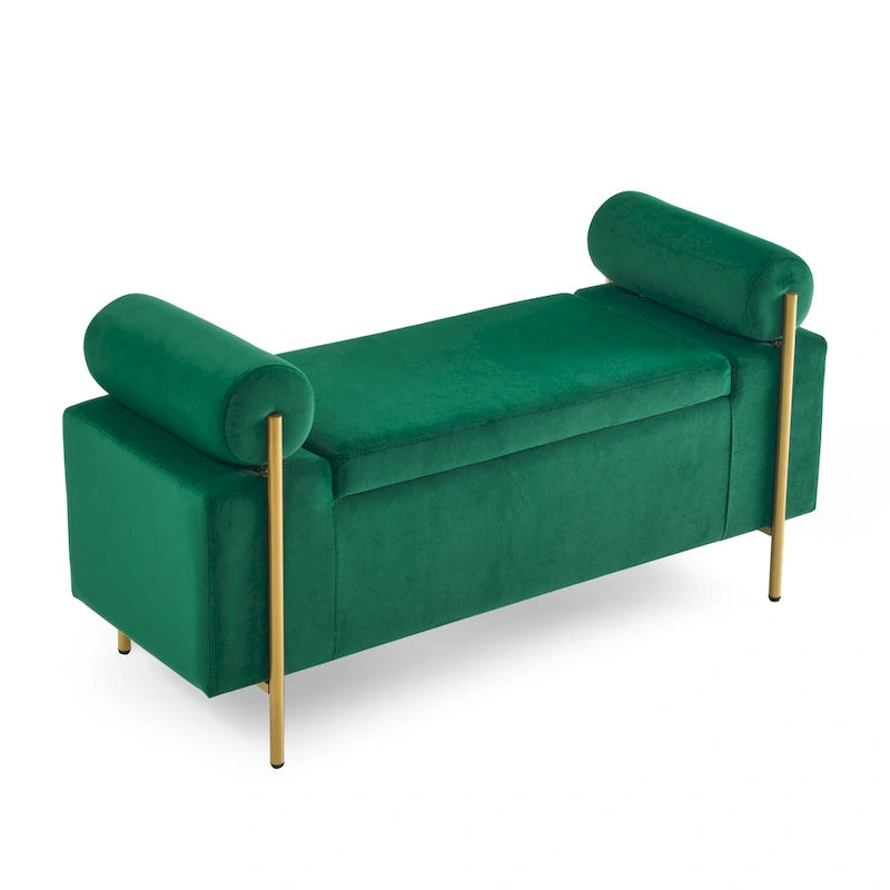 Upholstered Velvet Storage Bench with Gold Metal Legs and Storage Space