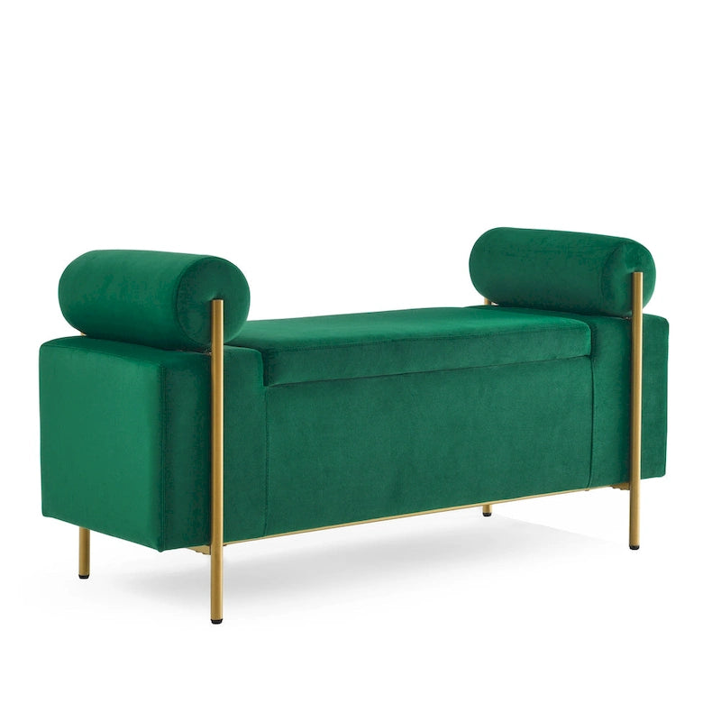 Upholstered Velvet Storage Bench with Gold Metal Legs and Storage Space