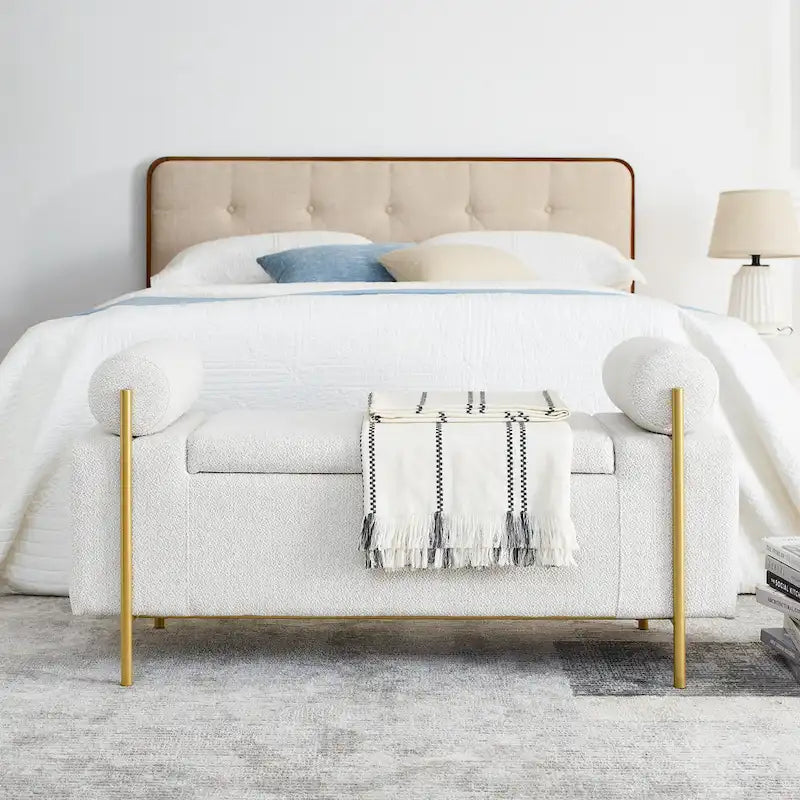 Upholstered Velvet Storage Bench with Gold Metal Legs and Storage Space