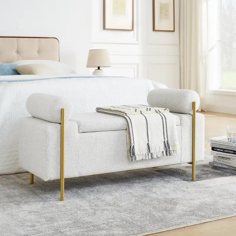 Upholstered Velvet Storage Bench with Gold Metal Legs and Storage Space