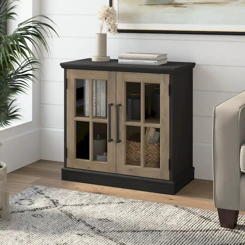 32 in. Storage Cabinet with Windowpane Glass Doors Adjustable Shelf Black Handles