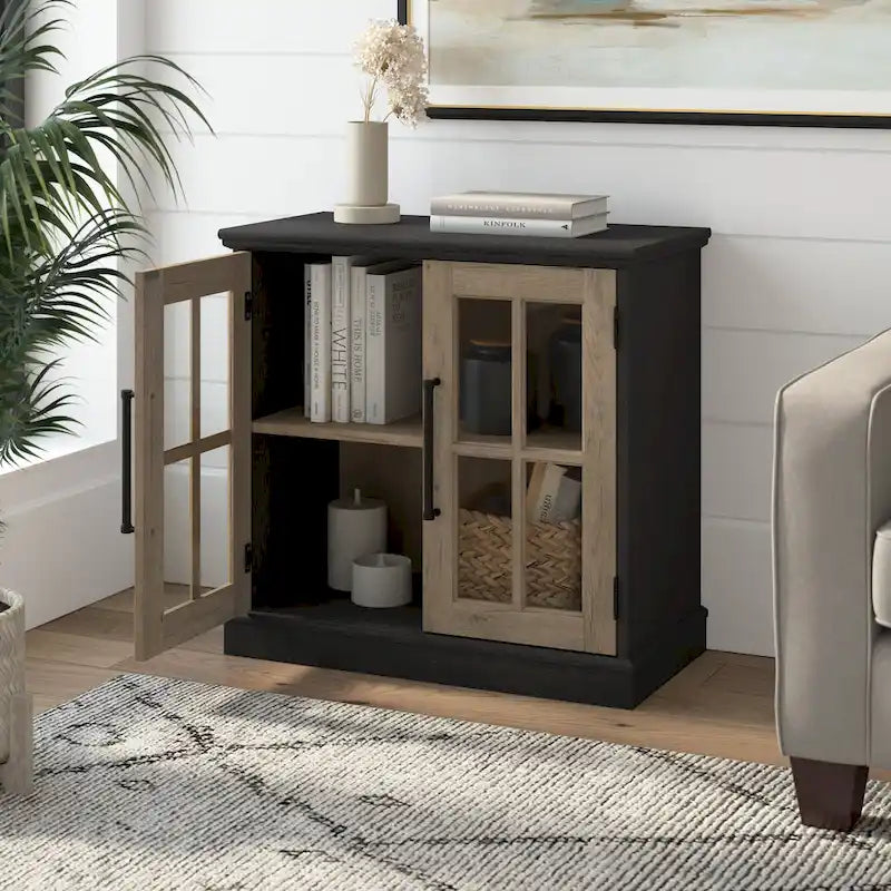 32 in. Storage Cabinet with Windowpane Glass Doors Adjustable Shelf Black Handles