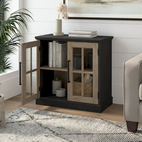 32 in. Storage Cabinet with Windowpane Glass Doors Adjustable Shelf Black Handles