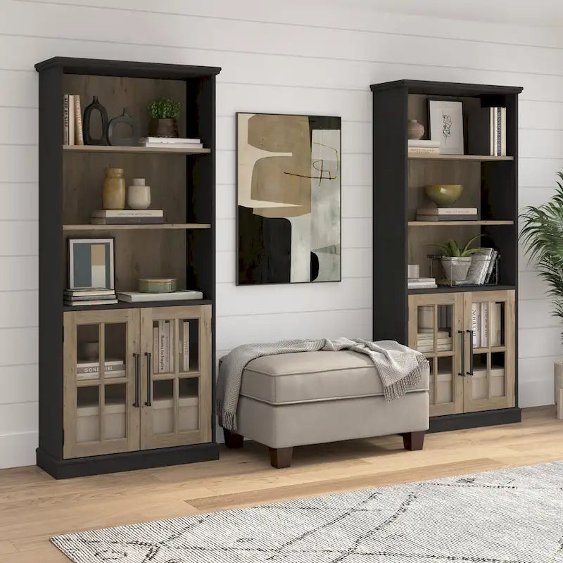 32 in. Storage Cabinet with Windowpane Glass Doors Adjustable Shelf Black Handles