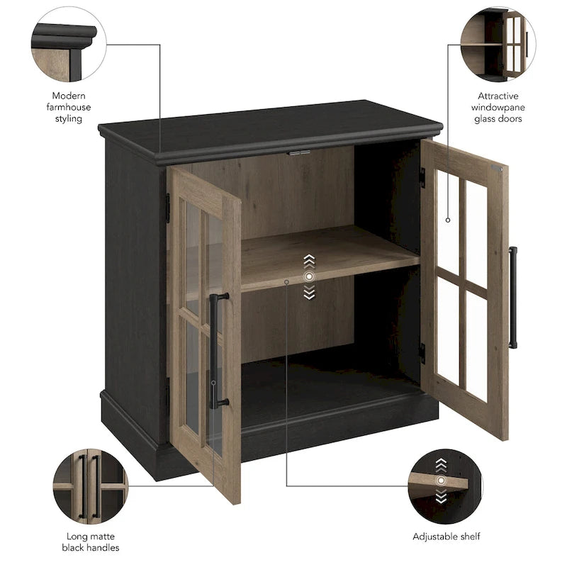 32 in. Storage Cabinet with Windowpane Glass Doors Adjustable Shelf Black Handles