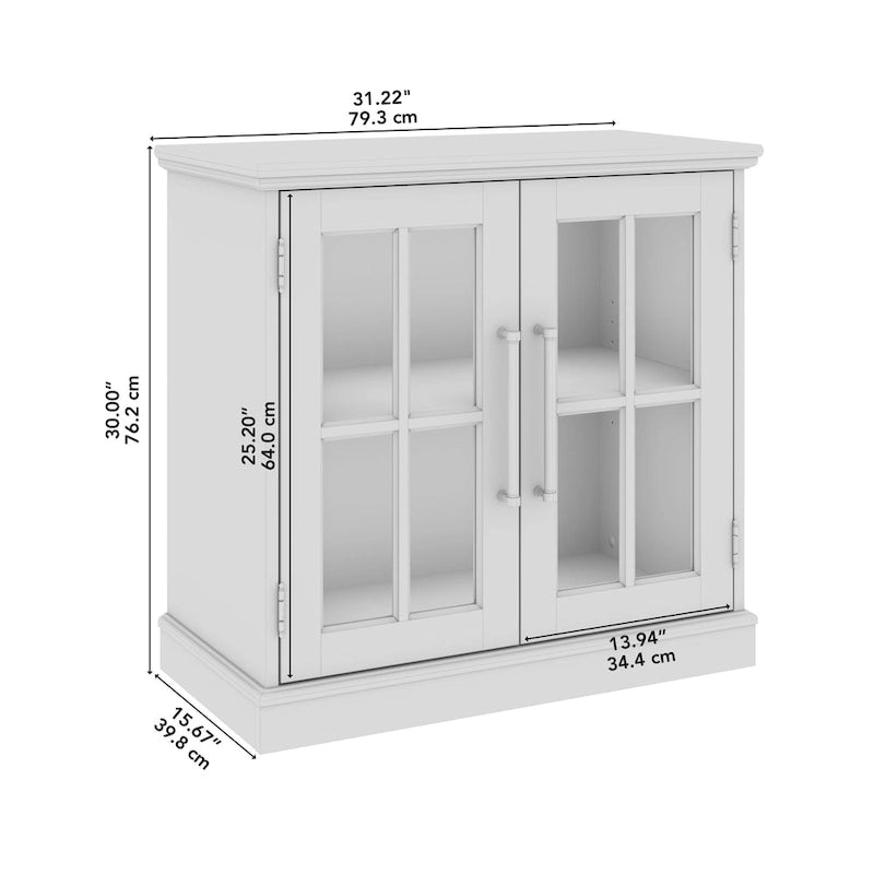 32 in. Storage Cabinet with Windowpane Glass Doors Adjustable Shelf Black Handles