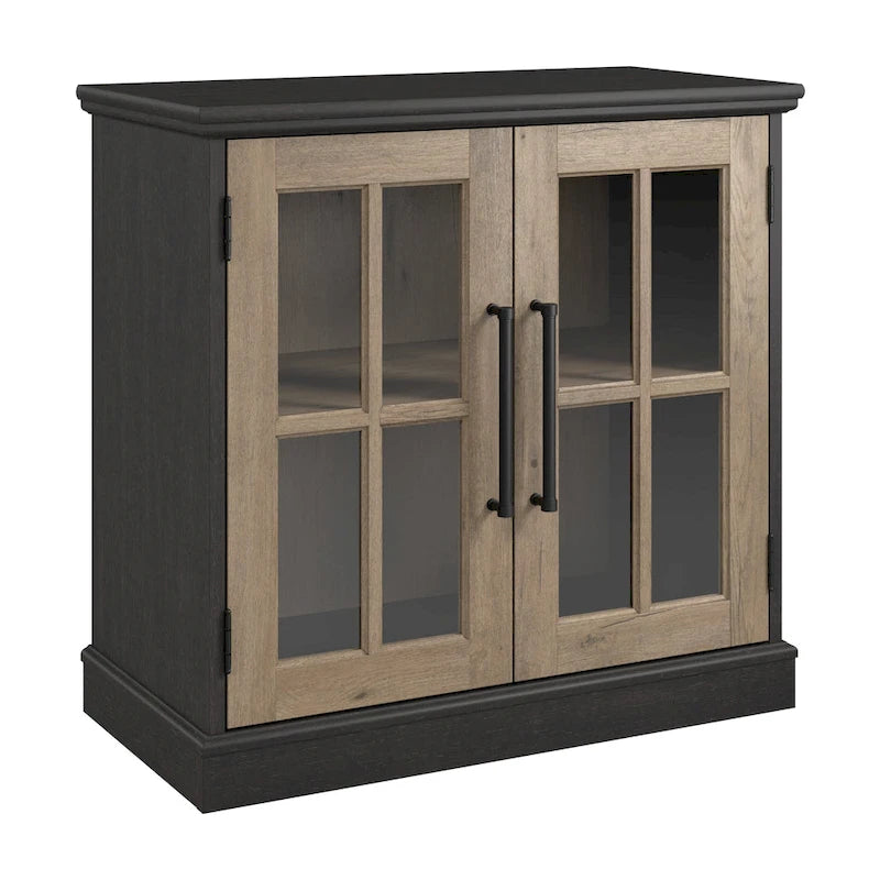 32 in. Storage Cabinet with Windowpane Glass Doors Adjustable Shelf Black Handles