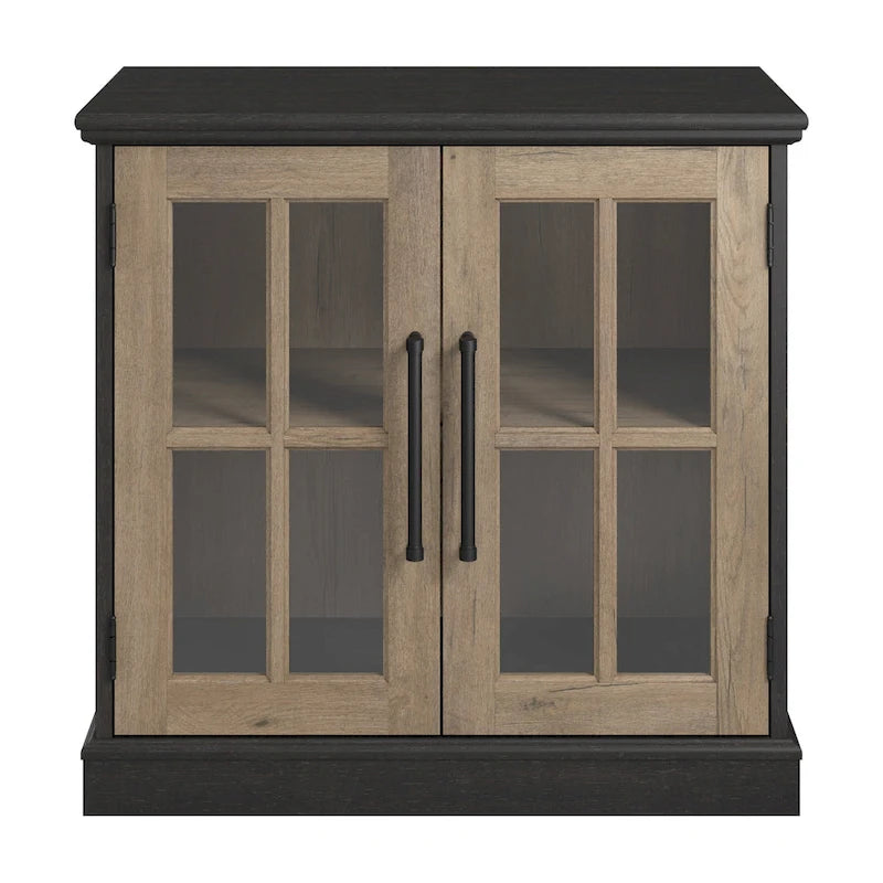 32 in. Storage Cabinet with Windowpane Glass Doors Adjustable Shelf Black Handles