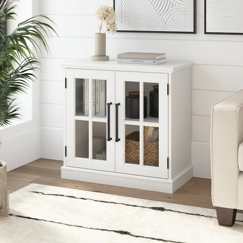 32 in. Storage Cabinet with Windowpane Glass Doors Adjustable Shelf Black Handles