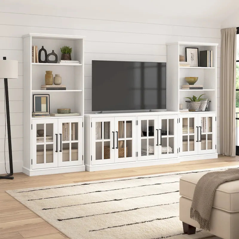 32 in. Storage Cabinet with Windowpane Glass Doors Adjustable Shelf Black Handles