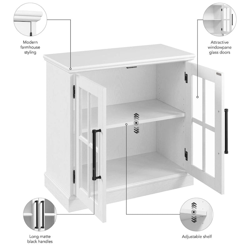 32 in. Storage Cabinet with Windowpane Glass Doors Adjustable Shelf Black Handles
