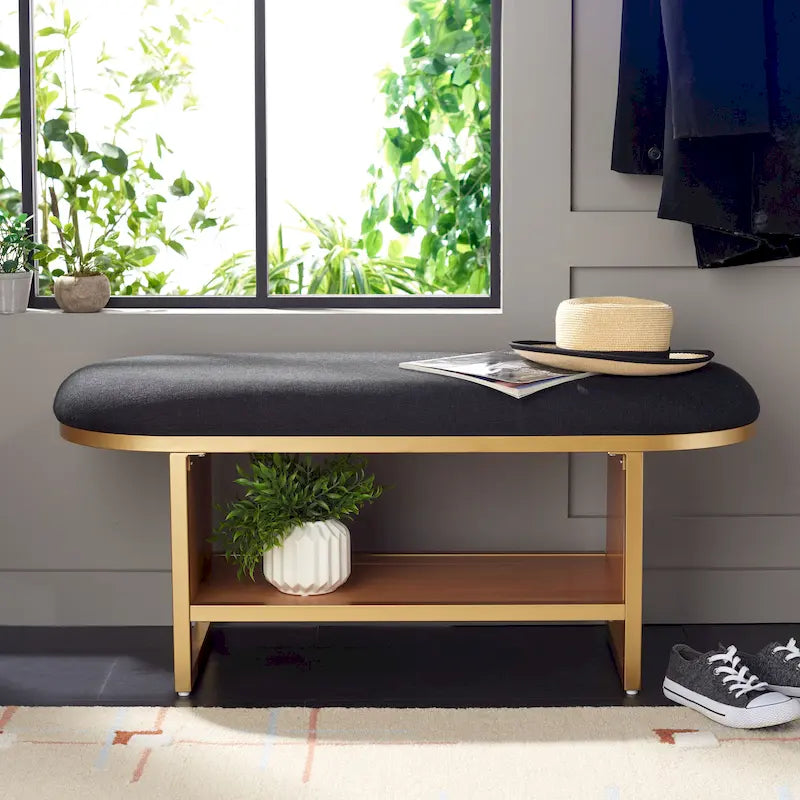 Entryway Bench with Open Shelf Cushioned Seat and Wood Base 42W x 15D x 18H in.