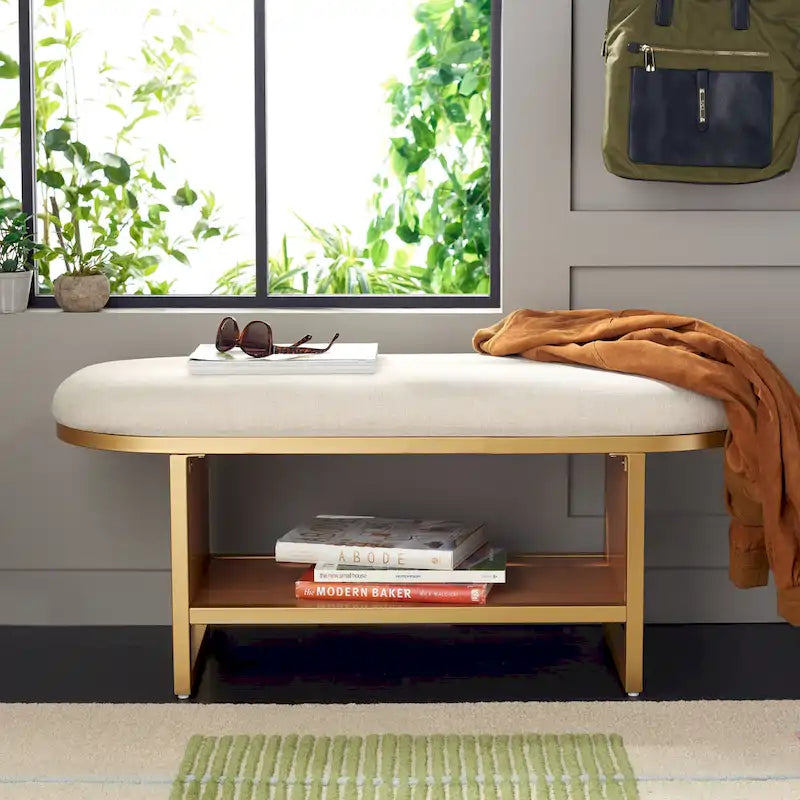 Entryway Bench with Open Shelf Cushioned Seat and Wood Base 42W x 15D x 18H in.