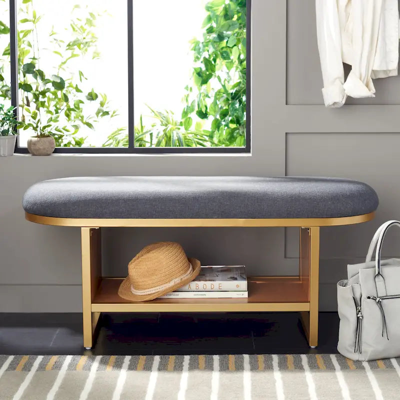 Entryway Bench with Open Shelf Cushioned Seat and Wood Base 42W x 15D x 18H in.