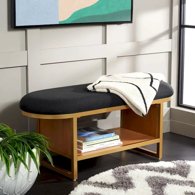 Entryway Bench with Open Shelf Cushioned Seat and Wood Base 42W x 15D x 18H in.