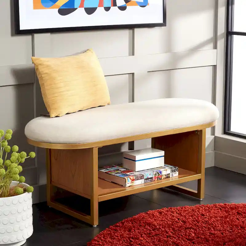 Entryway Bench with Open Shelf Cushioned Seat and Wood Base 42W x 15D x 18H in.