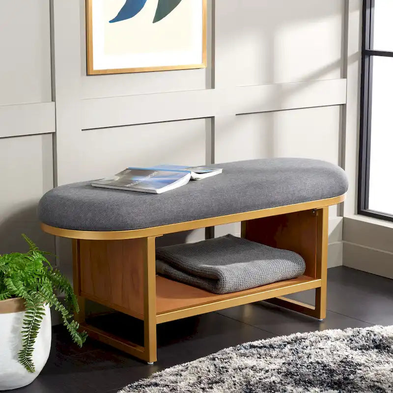 Entryway Bench with Open Shelf Cushioned Seat and Wood Base 42W x 15D x 18H in.