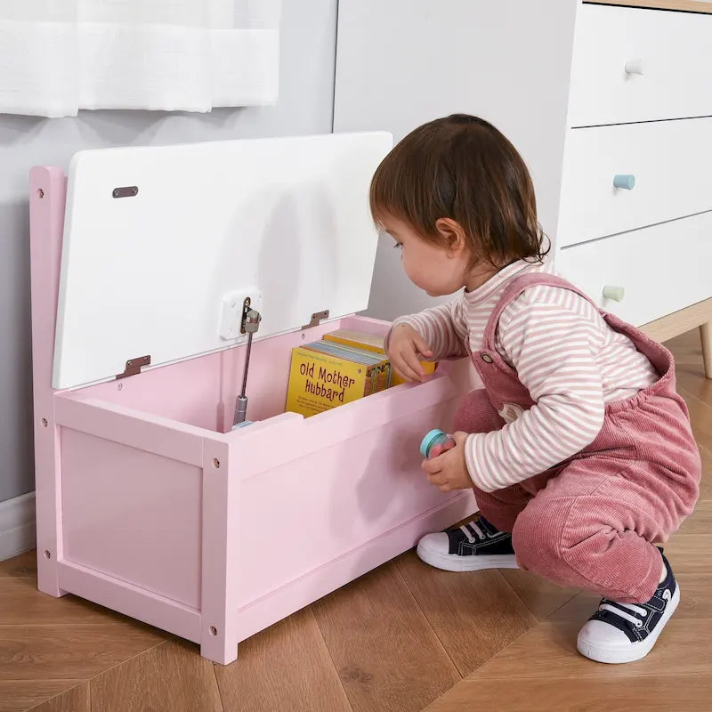 2-in-1 Wooden Kids Toy Storage Box and Seat Bench with Safety Lid Rod