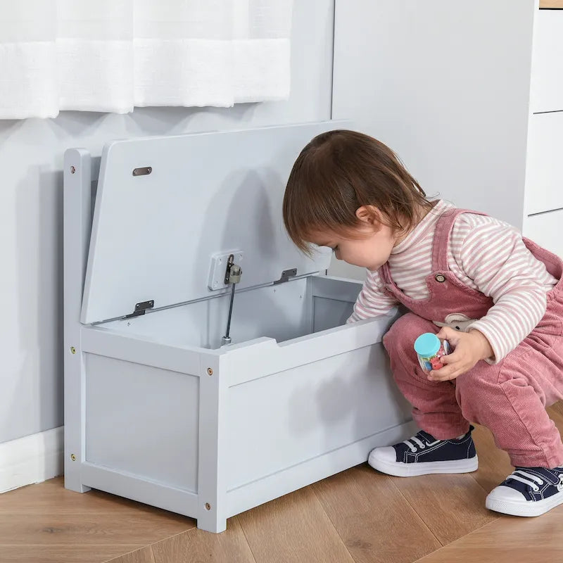 2-in-1 Wooden Kids Toy Storage Box and Seat Bench with Safety Lid Rod