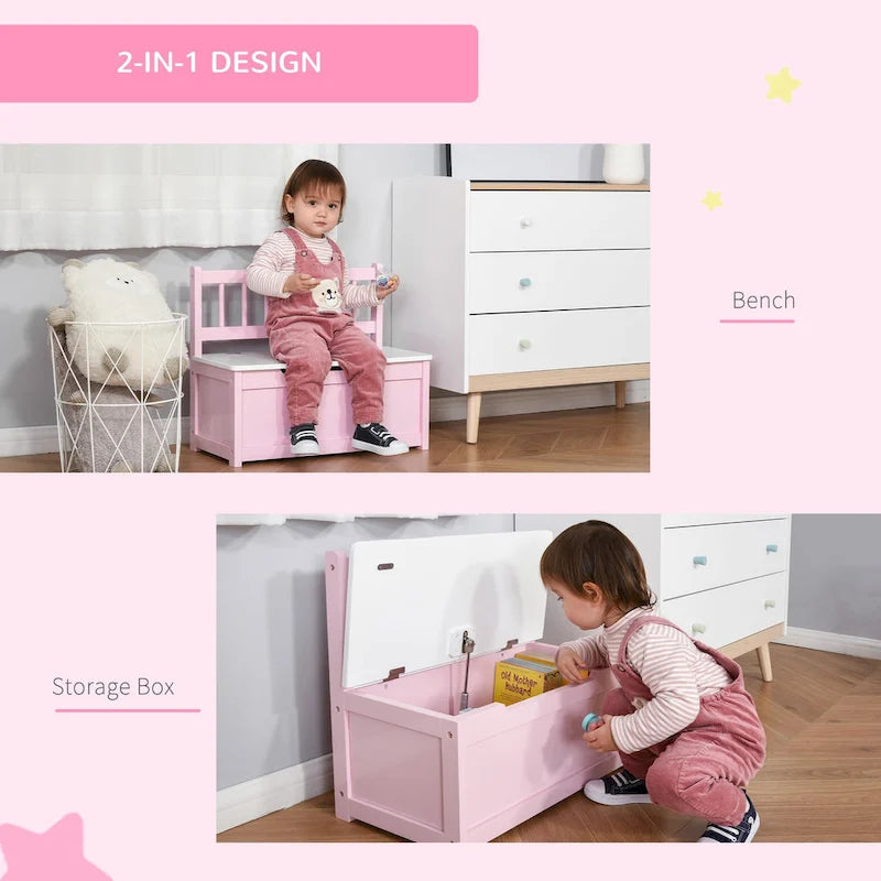 2-in-1 Wooden Kids Toy Storage Box and Seat Bench with Safety Lid Rod